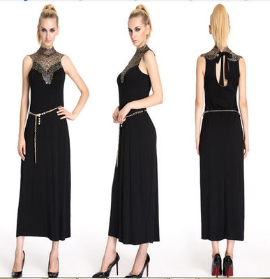 Cocktailkleid-Knöchel-Länge der Spitze-Rüschen-Hals-ärmellose sexy Frauen